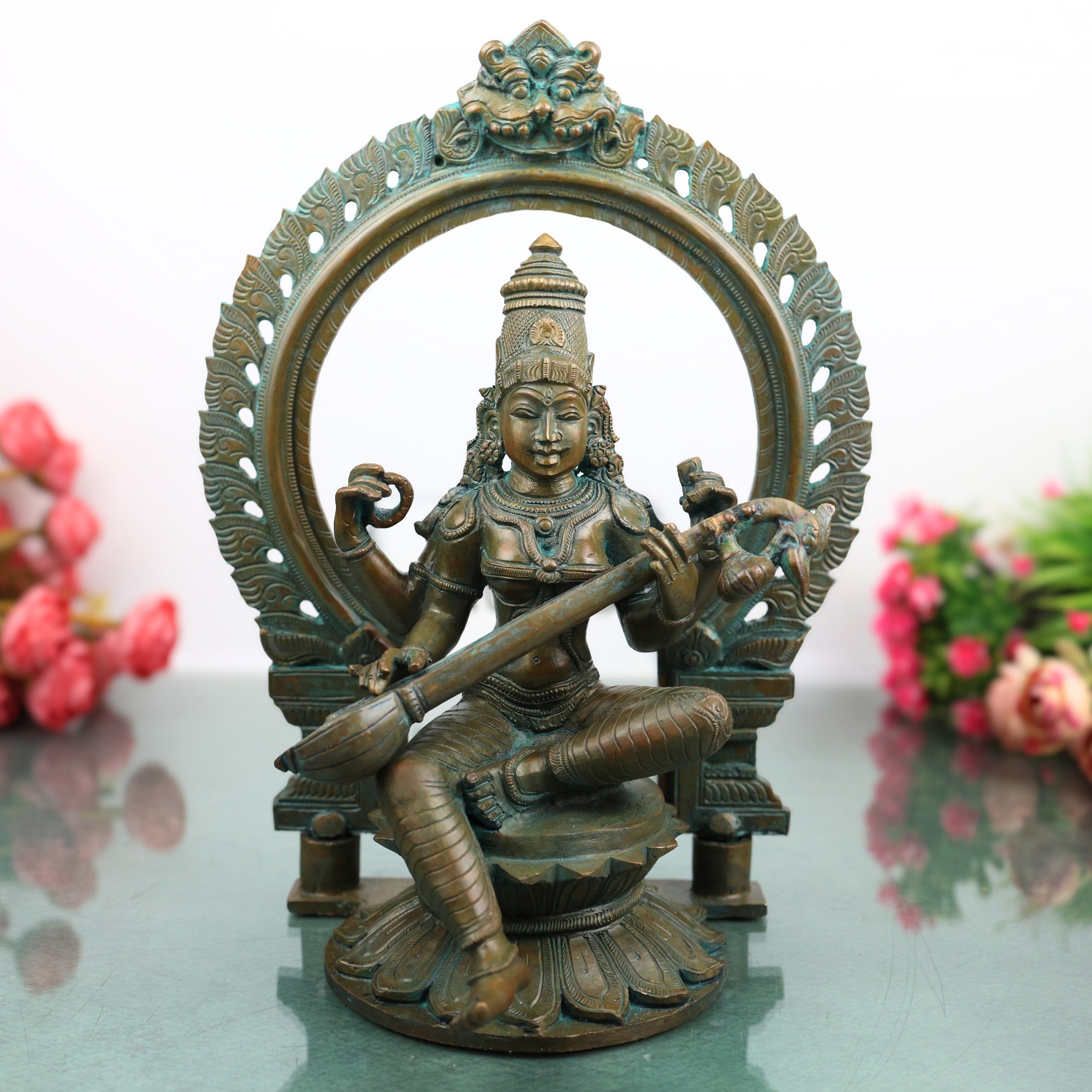 Bronze Saraswati Idol Veena Vadini Hamsa Vahini Sharada Vani Vagdevi Vidya Saraswati Murti Statue for Home Temple Worship and Decor, Brown, 12.5 Inch, 1 Piece