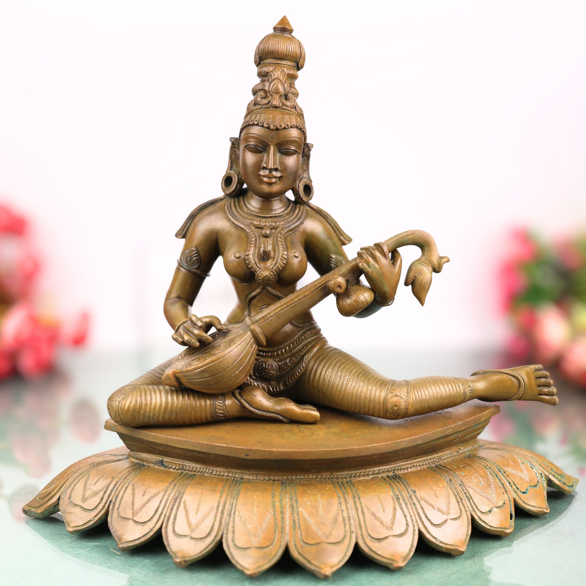 Bronze Saraswati Idol Sharada Sharadamba Vagdevi Vani Bharati Brahmi Veena Vadini Hamsa Vahini Vidya Saraswati Jnana Saraswati Murti Statue for Pooja Temple Decor, Brown, 12.5 Inch, 1 Piece