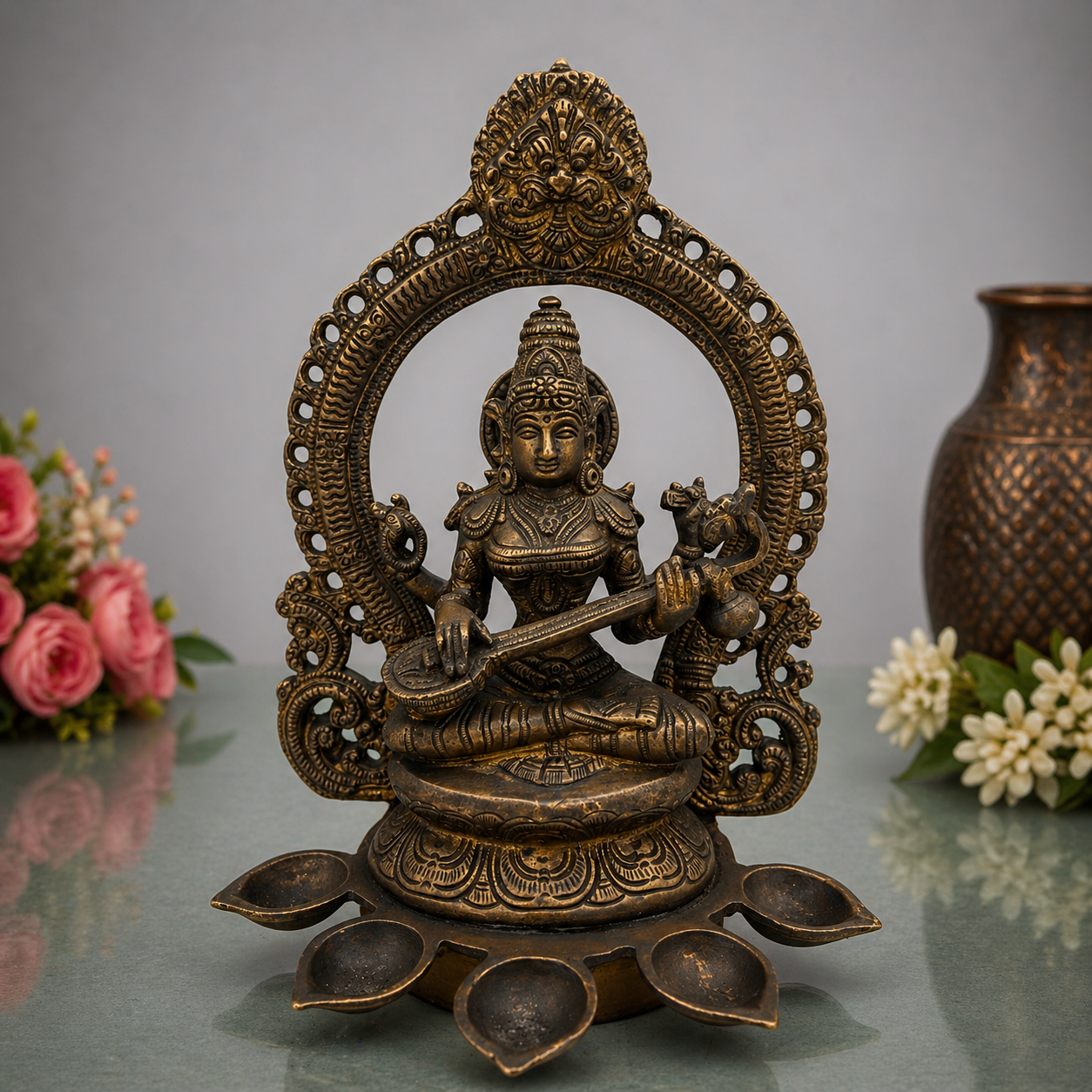 Bhunes Brass Goddess Saraswati Idol, Sarasvati Murti, Vidya Devi, Saraswathi Vigraha For Puja And Home Decor,Gold, 11 Inch, 1 Piece