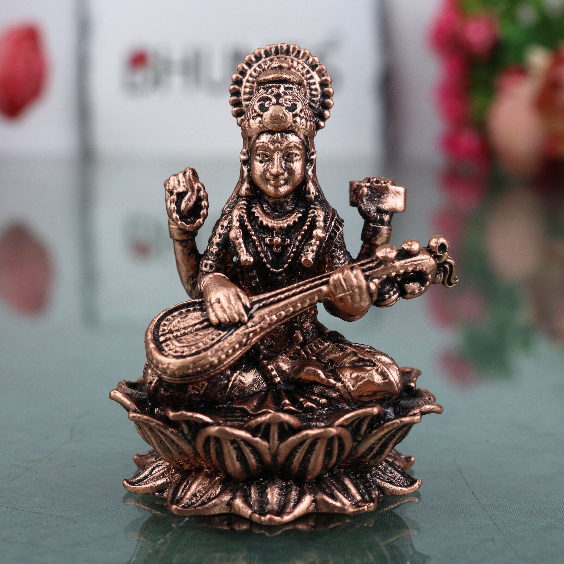 Copper Saraswati Idol Tamra Saraswathi Murti Sharada Bharati Vagdevi Hamsavahini Veena Vadini Vidya Devi Vigraha for Puja Mandir Home Decor Gift Statue Sculpture, Brown, 2 Inch, 1 Piece