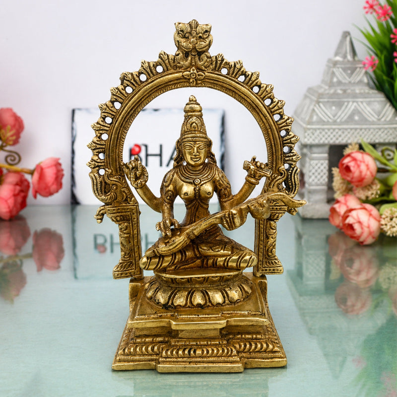 Brass Saraswati Idol, Handcrafted Sharada Vagdevi Bharati Statue, Veenapani Kalaimagal Vidyadayini Pital Murti for Pooja, Temple & Home Decor,Gold, 8 Inch, 1 Piece