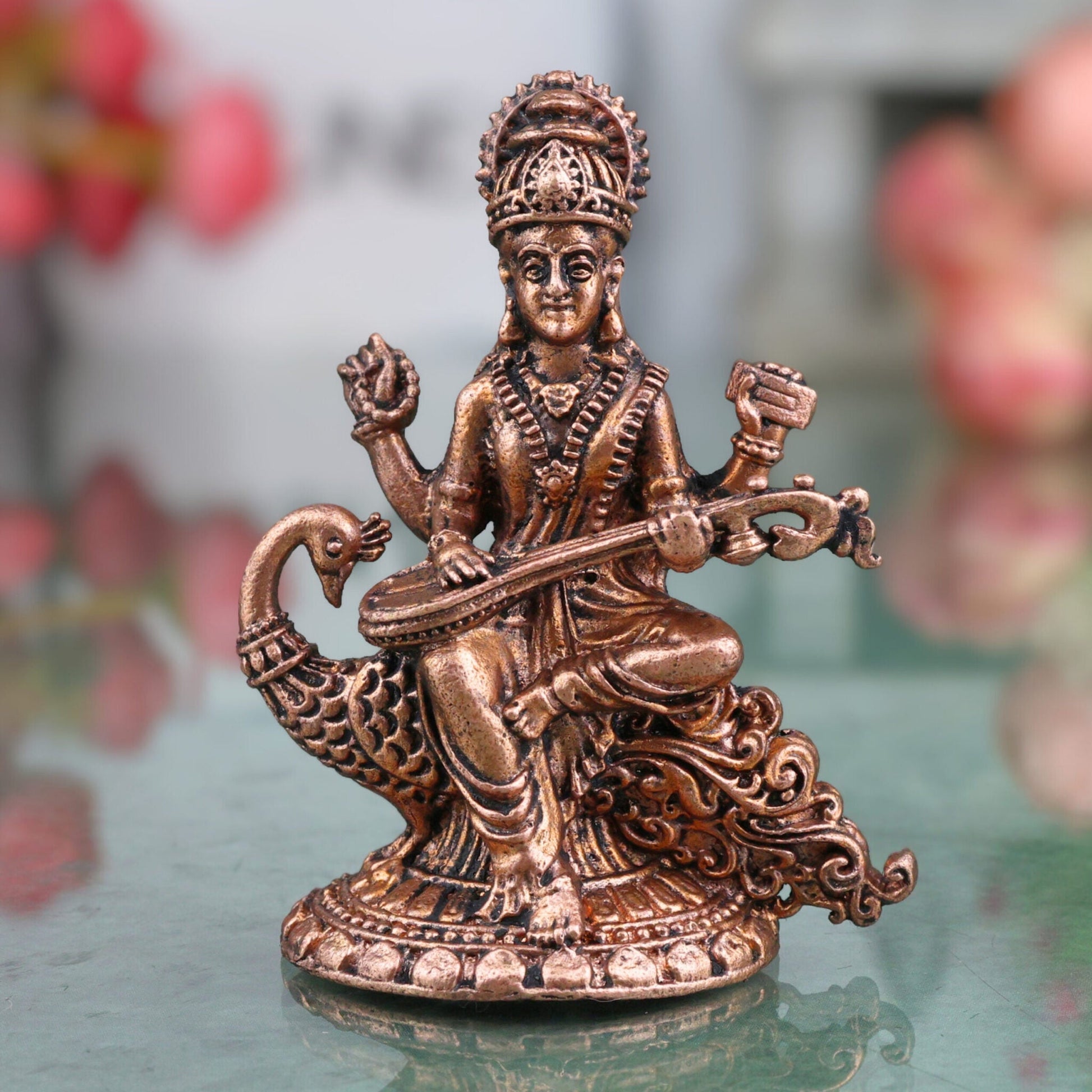 Copper Saraswati Idol, Handcrafted Maa Saraswati Vagdevi Veenapani Sharada Devi Tamraloha Murti for Home Pooja & Decor, Brown, 2.5 Inch, 1 Piece