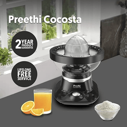 Preethi Cocosta KP001 Coconut Scraper & Citrus Juicer, 100% Safe Dual Protection Scraper with Safety Switch & Silicon Cap, Spillage Free Collection bowl, 100 Watt, 2yr Guarantee, Lifelong Free Service