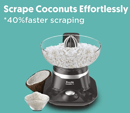 Preethi Cocosta KP001 Coconut Scraper & Citrus Juicer, 100% Safe Dual Protection Scraper with Safety Switch & Silicon Cap, Spillage Free Collection bowl, 100 Watt, 2yr Guarantee, Lifelong Free Service