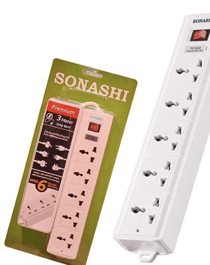 सोनाशी SES-605 5 वे एक्सटेंशन सॉकेट, AC 5 पोर्ट, 3 मीटर केबल/सफ़ेद/ओवर लोड प्रोटेक्शन