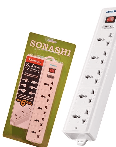 सोनाशी SES-605 5 वे एक्सटेंशन सॉकेट, AC 5 पोर्ट, 3 मीटर केबल/सफ़ेद/ओवर लोड प्रोटेक्शन