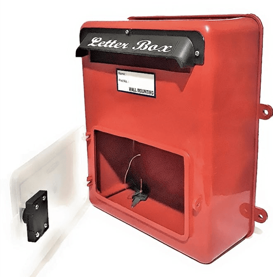 प्लास्टिक की दीवार पर लगा लेटर बॉक्स, सामने खुलने वाला दरवाज़ा (30 x 18 x 10 सेमी, लाल) 