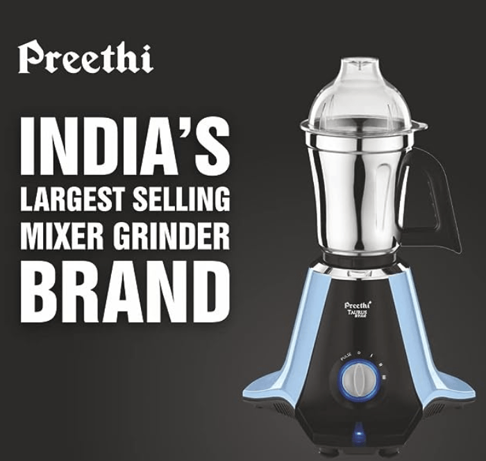 ப்ரீத்தி டாரஸ் ஸ்டார் எம்ஜி-260 மிக்சர் கிரைண்டர், 1000 வாட், நீலம்/கருப்பு, 4 ஜாடிகள் - சூப்பர் எக்ஸ்ட்ராக்டர் ஜூசர் ஜாடி, 2 வருட தயாரிப்பு உத்தரவாதம் &amp; வாழ்நாள் முழுவதும் இலவச சேவை (பிளாஸ்டிக்) 