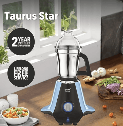 ப்ரீத்தி டாரஸ் ஸ்டார் எம்ஜி-260 மிக்சர் கிரைண்டர், 1000 வாட், நீலம்/கருப்பு, 4 ஜாடிகள் - சூப்பர் எக்ஸ்ட்ராக்டர் ஜூசர் ஜாடி, 2 வருட தயாரிப்பு உத்தரவாதம் &amp; வாழ்நாள் முழுவதும் இலவச சேவை (பிளாஸ்டிக்) 