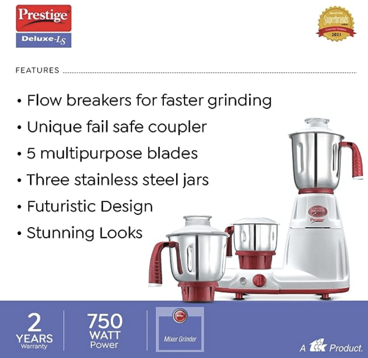 Prestige Deluxe LS 750-Watt Mixer Grinder (White and Red)-3