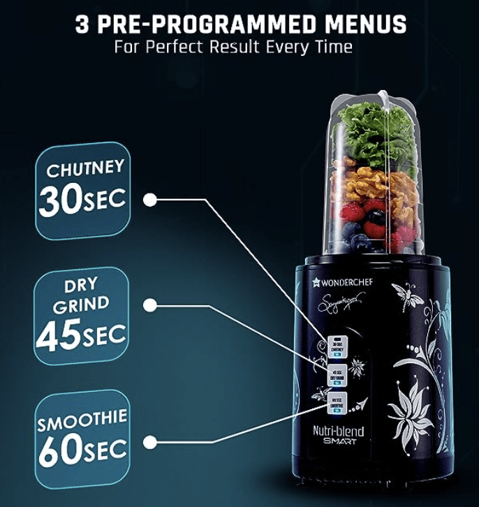 Wonderchef Nutri Blend Smart Automatic Mixer Grinder with Dual Pulse Function| 22000 RPM| 100% Full Copper Motor| 2 Unbreakable Jars| 500 Watt| 2 Years Warranty| Recipe book by Chef Sanjeev Kapoor| Black