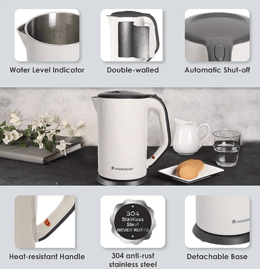 Wonderchef Luxe Automatic Stainless Steel Cordless Electric Kettle 1.7 Litre, 1800W, Ivory | Elegant design | Safety Lock