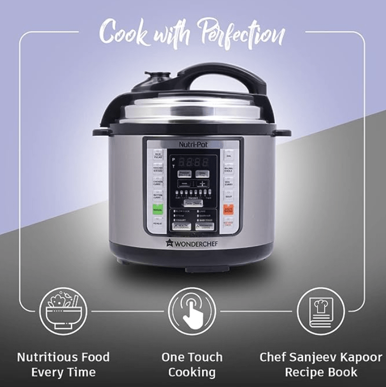 Wonderchef Nutri-Pot Electric Pressure Cooker with 7-in-1 Functions| One touch cooking | 18 pre-set functions| Pressure Cooking, Sauté/Pan Frying, Slow Cooking, Yogurt Making, Steaming, Warming & Rice Cooking | 6L capacity