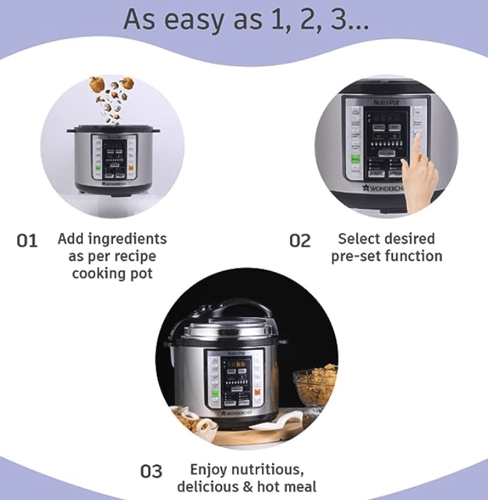 Wonderchef Nutri-Pot Electric Pressure Cooker with 7-in-1 Functions| One touch cooking | 18 pre-set functions| Pressure Cooking, Sauté/Pan Frying, Slow Cooking, Yogurt Making, Steaming, Warming & Rice Cooking | 6L capacity