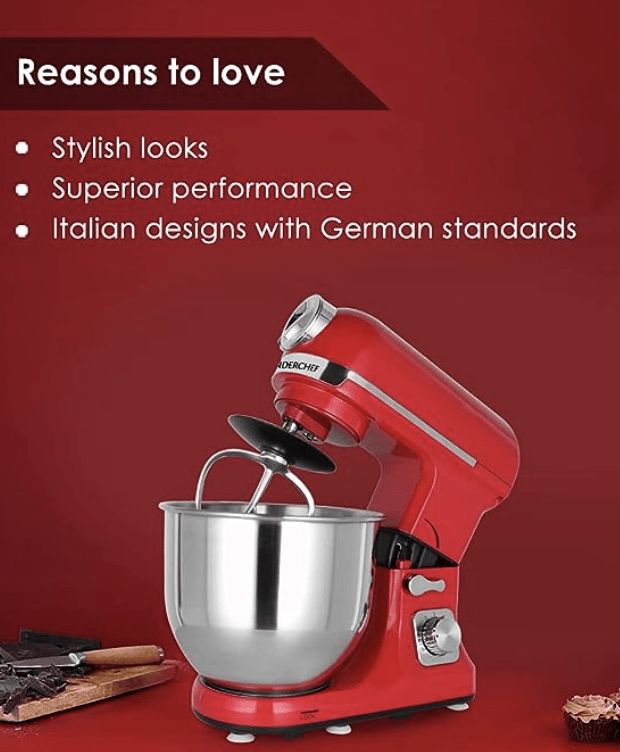 wonderchef crimson edge die cast metal kitchen stand mixer and beater with 6 speed settingsprovision for pasta attachments1000 w powerful copper motor 5 l stainless steel bowl with planetary rotati