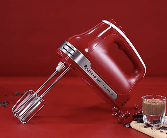 Wonderchef Crimson Edge 5 Speed Electric Hand Mixer | 300W Powerful Copper Motor |TurboSpeed I Adjustable Slow Speed Start I Hand Blender | Stainless Steel Whisk Beaters and Dough Hooks | 2 Years Warranty | Bakeware I Red