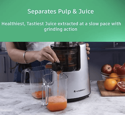 Wonderchef V6 Cold Press Juicer | 200W powerful motor | 43 RPM Slow Juicer | Full Fruit Juicer to retain enzymes | 5 Years Warranty | Black & Silver