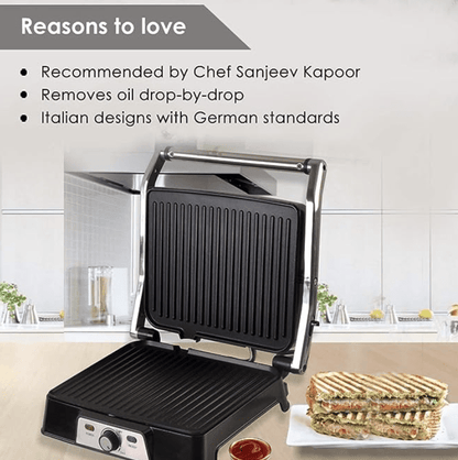 வொண்டர்செஃப் சஞ்சீவ் கபூர் தந்தூர் தொழில்முறை மின்சார கிரில்லர் டோஸ்டர் சாண்ட்விச் மேக்கர் 3 இன் 1 அப்ளையன்ஸ் 2000 வாட் 180 டிகிரி கிரில்லிங் அதிகப்படியான எண்ணெய் நெகிழ்வு கீல்களை அகற்ற சரிசெய்யக்கூடிய சாய்வு பலவகைகளுக்கு