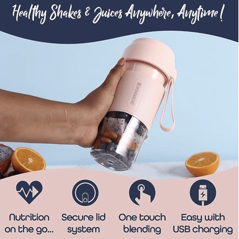 Wonderchef Nutri-Cup Portable Blender | USB Charging | Smoothie maker | SS Blades | Battery Operated Rechargeable Blender | 300ml | Compact Size | Pink, In built Jar