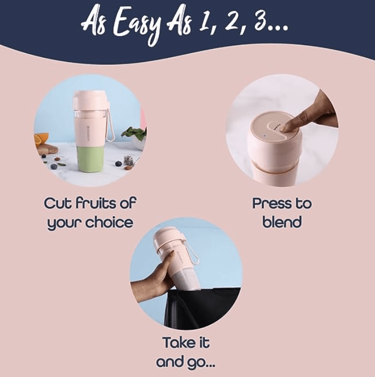 Wonderchef Nutri-Cup Portable Blender | USB Charging | Smoothie maker | SS Blades | Battery Operated Rechargeable Blender | 300ml | Compact Size | Pink, In built Jar