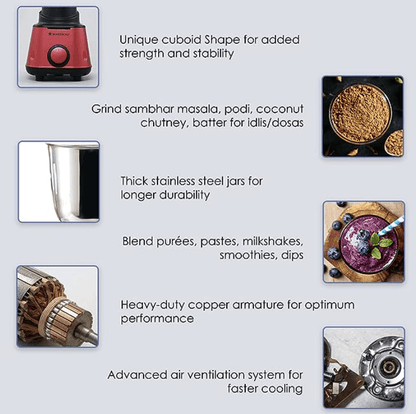 Wonderchef Sumo Mixer Grinder-600W With 3 Jars And Anti-Rust Stainless Steel Blades, Ergonomic Handles, 5 Years Warranty On Motor, Red And Black