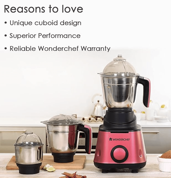 Wonderchef Sumo Mixer Grinder-600W With 3 Jars And Anti-Rust Stainless Steel Blades, Ergonomic Handles, 5 Years Warranty On Motor, Red And Black