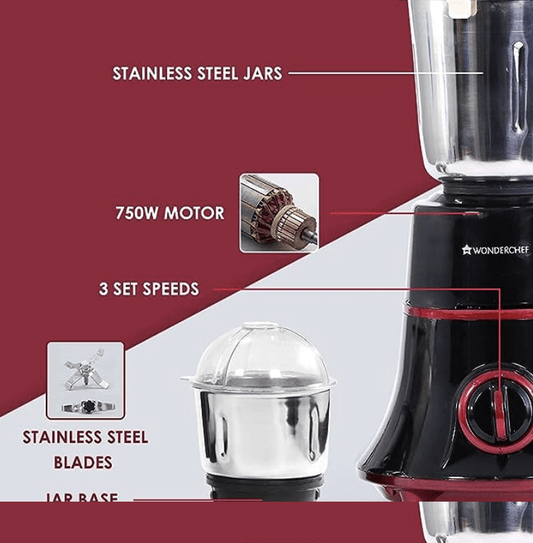Wonderchef Glory Mixer Grinder, 750 W With 4 Stainless Steel Jars And Anti-Rust Stainless Steel Blades, Ergonomic Handles, 5 Years Warranty On Motor