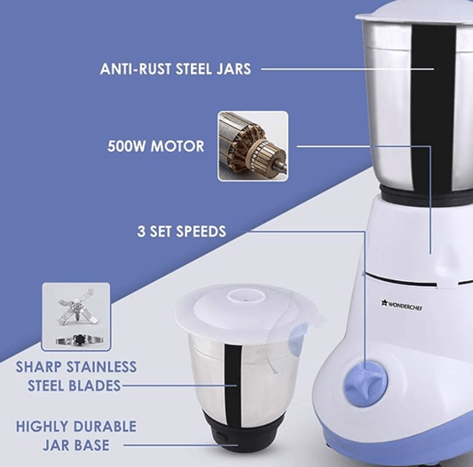Wonderchef Capri 500W Mixer Grinder | 3 leak-proof stainless steel Jars | Powerful 500W motor | 3-Speed & Pulse Function | Anti Skid Feets | 5 years warranty on motor | White & Blue