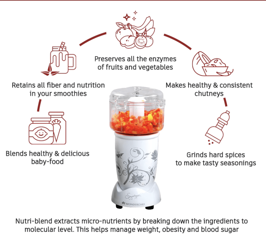 Wonderchef Nutri-blend Juicer, Mixer, Grinder, Smoothie Maker & Chopper | 400W 100% Full Copper Motor| Complete Kitchen Machine | 22000 RPM Blender, Chopper, Juicer | SS Blades | 4 Unbreakable Jars | 2 Years Warranty | Recipe Book By Chef Sanjeev Kapoor 