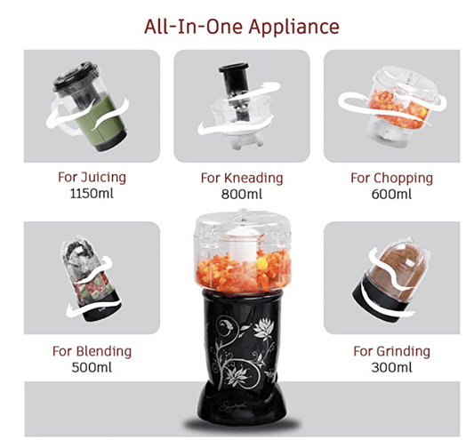 Wonderchef Nutri-blend Juicer, Mixer, Grinder, Smoothie Maker | Compact Food Processor with Atta Kneader | 22000 RPM , 400W 100% Full Copper Motor | SS Blades | 4 Unbreakable Jars | 2 Years Warranty | Recipe Book By Chef Sanjeev Kapoor 