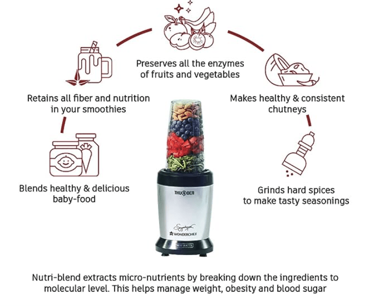 Wonderchef Nutri-blend Thunder Mixer, Grinder, Blender & Smoothie Maker | 22000 RPM, Powerful 1000W 100% Full Copper Motor | SS 6-Blade Assembly | 2 Unbreakable Tritan Jars | 2 Years Warranty | Recipe Book By Chef Sanjeev Kapoor | Black Silver