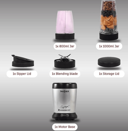 Wonderchef Nutri-blend Thunder Mixer, Grinder, Blender & Smoothie Maker | 22000 RPM, Powerful 1000W 100% Full Copper Motor | SS 6-Blade Assembly | 2 Unbreakable Tritan Jars | 2 Years Warranty | Recipe Book By Chef Sanjeev Kapoor | Black Silver