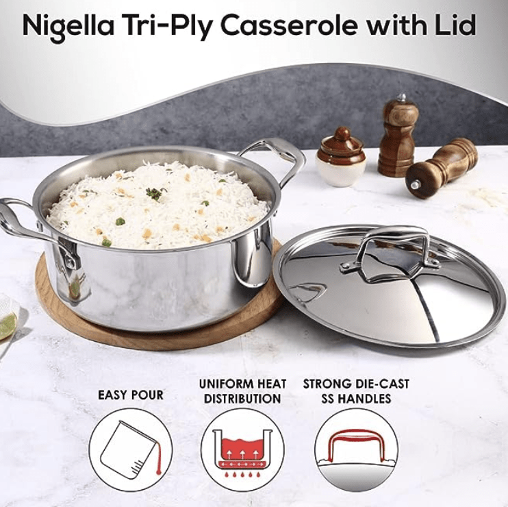 வொண்டர்செஃப் நிஜெல்லா ட்ரை-பிளை ஸ்டெயின்லெஸ் ஸ்டீல் 24 செ.மீ கேசரோல் | 4.8 லிட்டர் | 2.6மிமீ தடிமன் | இண்டக்ஷன் பேஸ் | அனைத்து சமையல் பாத்திரங்களுடனும் இணக்கமானது | ரிவெட்டட் கூல்-டச் ஹேண்டில் | 10 வருட உத்தரவாதம்