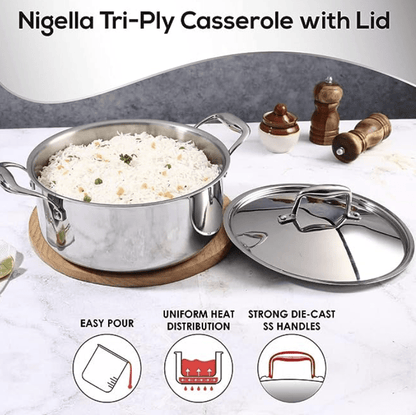 வொண்டர்செஃப் நிஜெல்லா ட்ரை-பிளை ஸ்டெயின்லெஸ் ஸ்டீல் 24 செ.மீ கேசரோல் | 4.8 லிட்டர் | 2.6மிமீ தடிமன் | இண்டக்ஷன் பேஸ் | அனைத்து சமையல் பாத்திரங்களுடனும் இணக்கமானது | ரிவெட்டட் கூல்-டச் ஹேண்டில் | 10 வருட உத்தரவாதம்