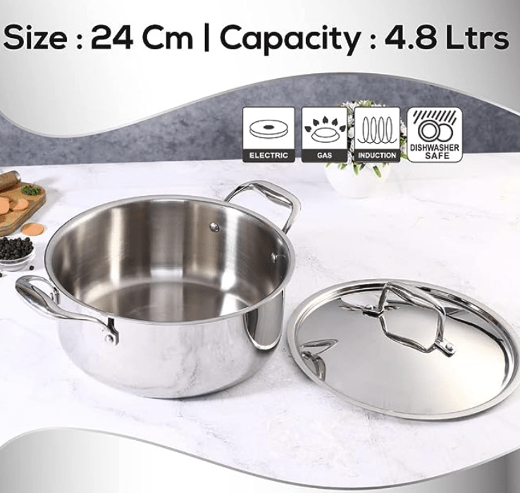 வொண்டர்செஃப் நிஜெல்லா ட்ரை-பிளை ஸ்டெயின்லெஸ் ஸ்டீல் 24 செ.மீ கேசரோல் | 4.8 லிட்டர் | 2.6மிமீ தடிமன் | இண்டக்ஷன் பேஸ் | அனைத்து சமையல் பாத்திரங்களுடனும் இணக்கமானது | ரிவெட்டட் கூல்-டச் ஹேண்டில் | 10 வருட உத்தரவாதம்