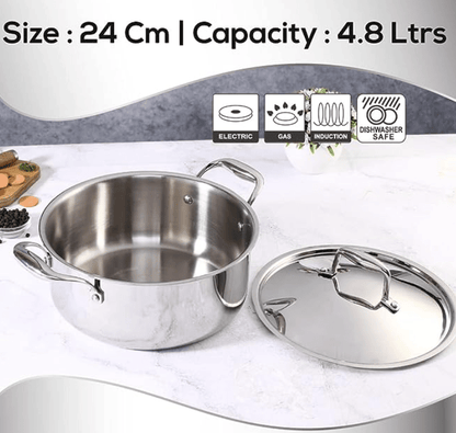 வொண்டர்செஃப் நிஜெல்லா ட்ரை-பிளை ஸ்டெயின்லெஸ் ஸ்டீல் 24 செ.மீ கேசரோல் | 4.8 லிட்டர் | 2.6மிமீ தடிமன் | இண்டக்ஷன் பேஸ் | அனைத்து சமையல் பாத்திரங்களுடனும் இணக்கமானது | ரிவெட்டட் கூல்-டச் ஹேண்டில் | 10 வருட உத்தரவாதம்