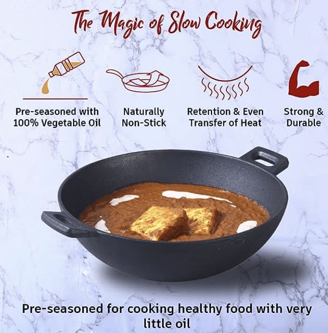 Wonderchef Forza Pre-Seasoned Cast-Iron Kadhai with Lifetime Exchange Warranty |Kadai/Kadhai for Cooking and deep Frying | Multipurpose Loha Kadai |Naturally Non-Stick | Induction Friendly Cookware | Healthy Cooking | 3.35L, 3.8mm