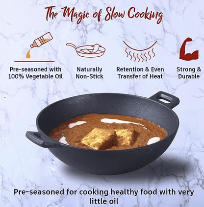 Wonderchef Forza Pre-Seasoned Cast-Iron Kadhai with Lifetime Exchange Warranty |Kadai/Kadhai for Cooking and deep Frying | Multipurpose Loha Kadai |Naturally Non-Stick | Induction Friendly Cookware | Healthy Cooking | 3.35L, 3.8mm