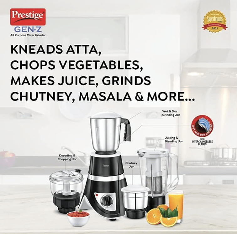 Prestige 750 Watts GEN-Z All Purpose Juicer Mixer Grinder with 4 Jars (1500 ml, 1500 ml, 500 ml)|Kneading,Chopping,Juicer,Grinder Jars|2 years warranty|(Black)