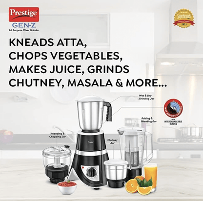 Prestige 750 Watts GEN-Z All Purpose Juicer Mixer Grinder with 4 Jars (1500 ml, 1500 ml, 500 ml)|Kneading,Chopping,Juicer,Grinder Jars|2 years warranty|(Black)