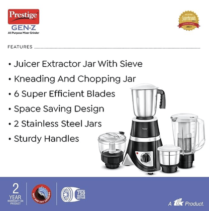 Prestige 750 Watts GEN-Z All Purpose Juicer Mixer Grinder with 4 Jars (1500 ml, 1500 ml, 500 ml)|Kneading,Chopping,Juicer,Grinder Jars|2 years warranty|(Black)