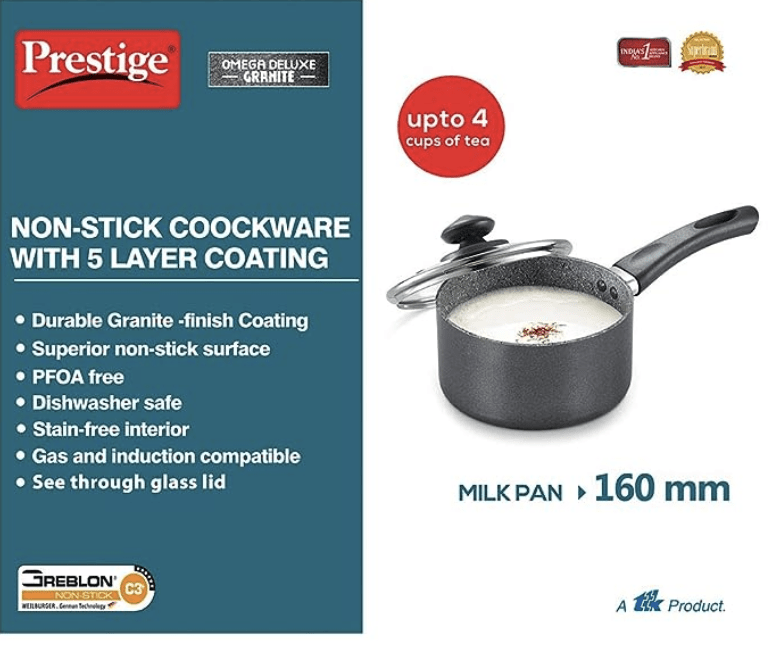 Prestige Omega Deluxe Granite Milk Pan with Lid, 16cm Black