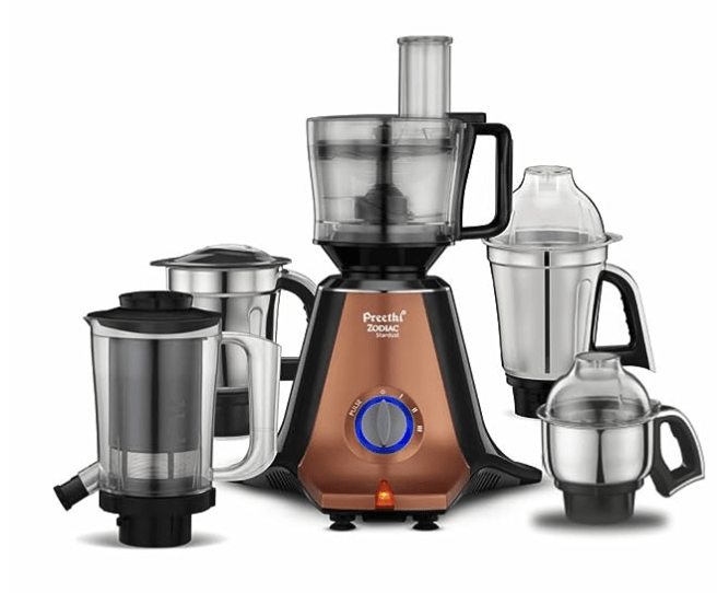 Preethi Zodiac Stardust Mixer Grinder + Food processor I 750 Watt I 2yr Guarantee & Lifelong Free Service I 5 Jars (3 Stainless steel Jars +1 Juicer Jar+1 Master Chef Plus Food processor Jar)-MG-265