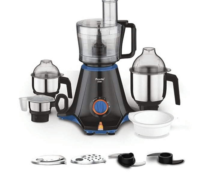 Preethi Zion Mixer Grinder for Kitchen - 4 Jars 750 Watt Mixie (3 Stainless steel Jars+1 Master Chef Plus Food processor Jar), Flexi lids, Vega W5 motor, Black (MG-227)