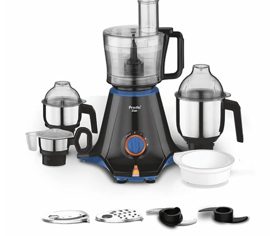 Preethi Zion Mixer Grinder for Kitchen - 4 Jars 750 Watt Mixie (3 Stainless steel Jars+1 Master Chef Plus Food processor Jar), Flexi lids, Vega W5 motor, Black (MG-227)