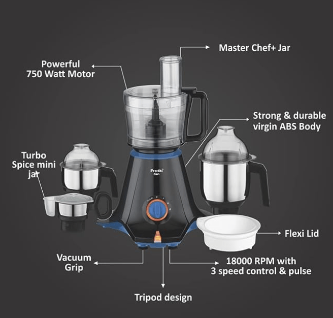 Preethi Zion Mixer Grinder for Kitchen - 4 Jars 750 Watt Mixie (3 Stainless steel Jars+1 Master Chef Plus Food processor Jar), Flexi lids, Vega W5 motor, Black (MG-227)
