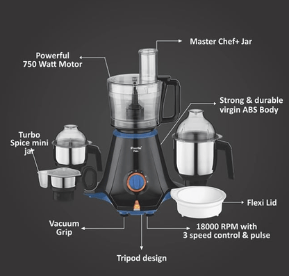 Preethi Zion Mixer Grinder for Kitchen - 4 Jars 750 Watt Mixie (3 Stainless steel Jars+1 Master Chef Plus Food processor Jar), Flexi lids, Vega W5 motor, Black (MG-227)