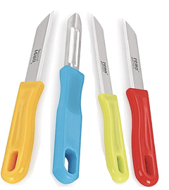 Rena Germany Knife Set - Serrated Knife 110mm, Serrated Knife 90mm, Plain Knife 90mm and Promo Peeler - Kitchen Accessory - for Kitchen, Home and Restaurant (Stainless Steel, Silver)270-2