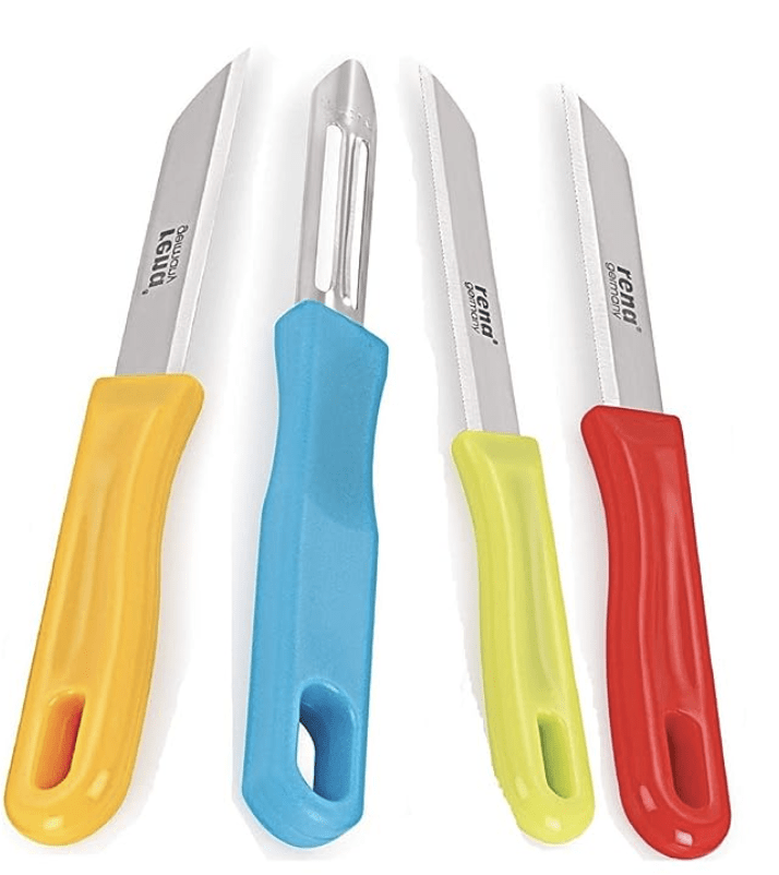 Rena Germany Knife Set - Serrated Knife 110mm, Serrated Knife 90mm, Plain Knife 90mm and Promo Peeler - Kitchen Accessory - for Kitchen, Home and Restaurant (Stainless Steel, Silver)270-2