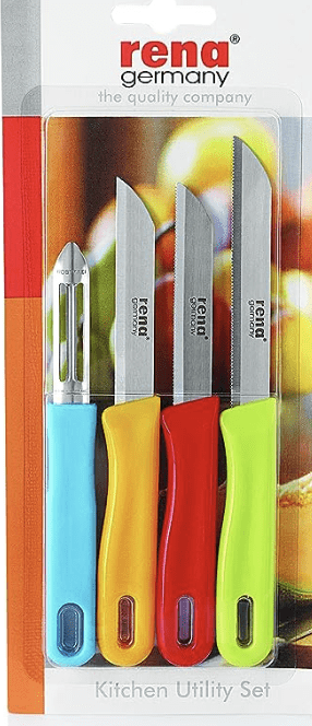 Rena Germany Knife Set - Serrated Knife 110mm, Serrated Knife 90mm, Plain Knife 90mm and Promo Peeler - Kitchen Accessory - for Kitchen, Home and Restaurant (Stainless Steel, Silver)270
